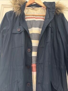 Signature Navy Hooded waxed Coat with Faux Fur Trim
